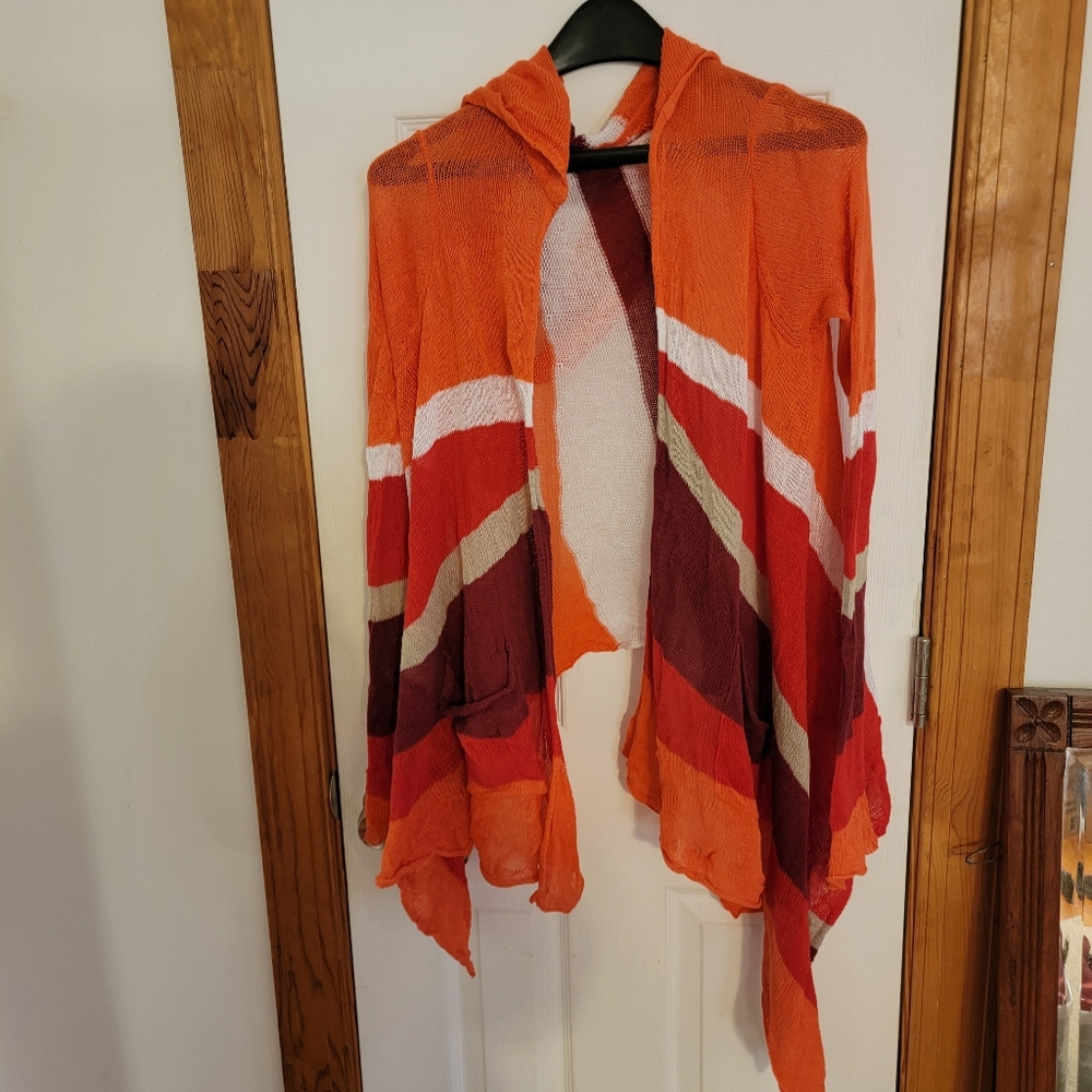 Tommy Bahama Orange Striped Linen Blend Hooded Draped Open Front Sweater Wrap S